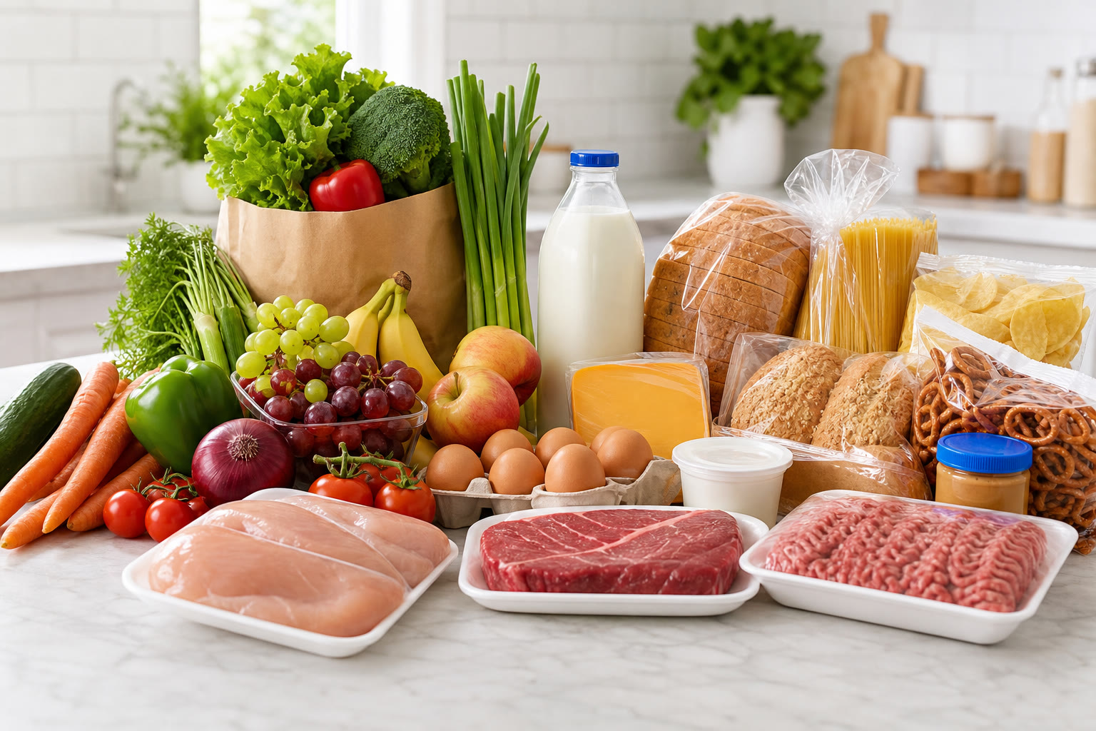 Fresh groceries including produce and pantry staples