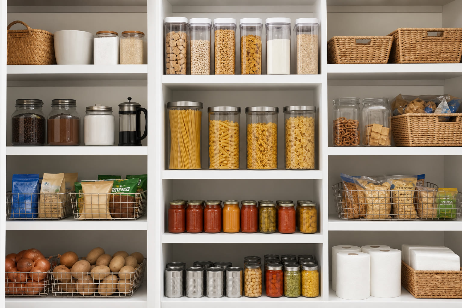 Organized pantry shelves with staples