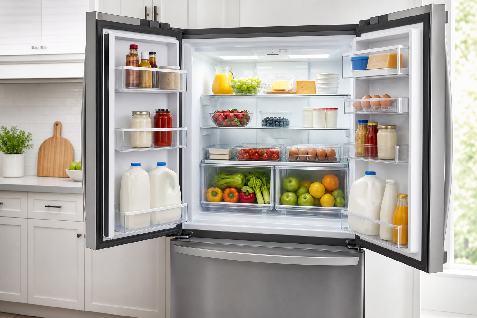 Stocked refrigerator with fresh foods