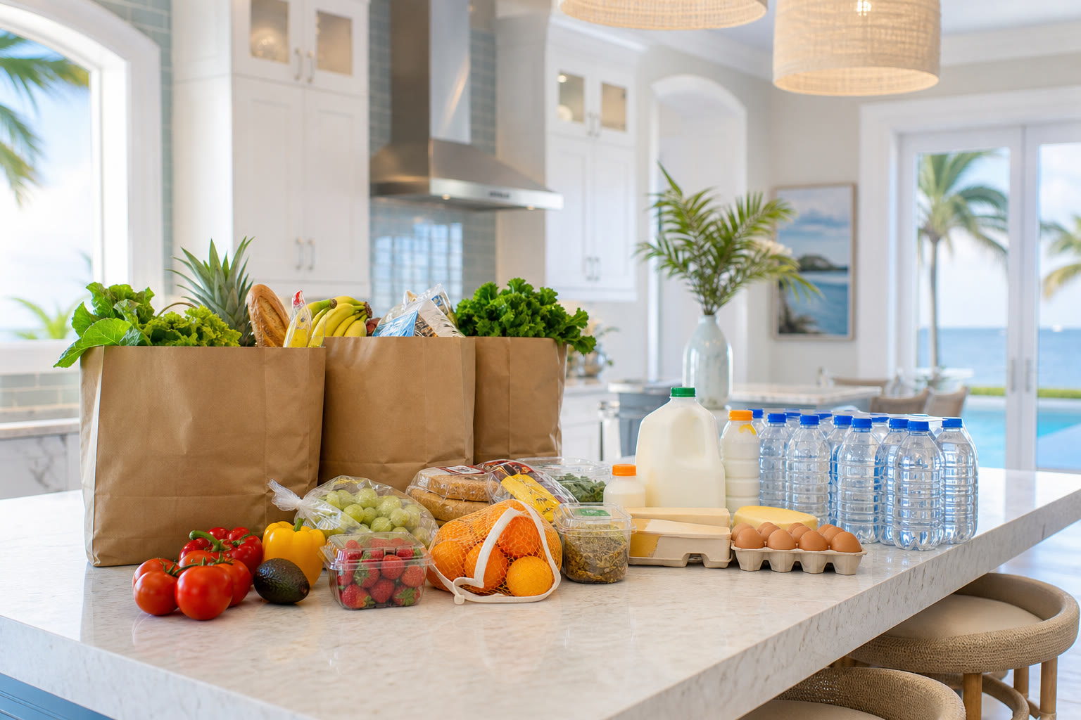 Fresh groceries staged for home stocking before arrival