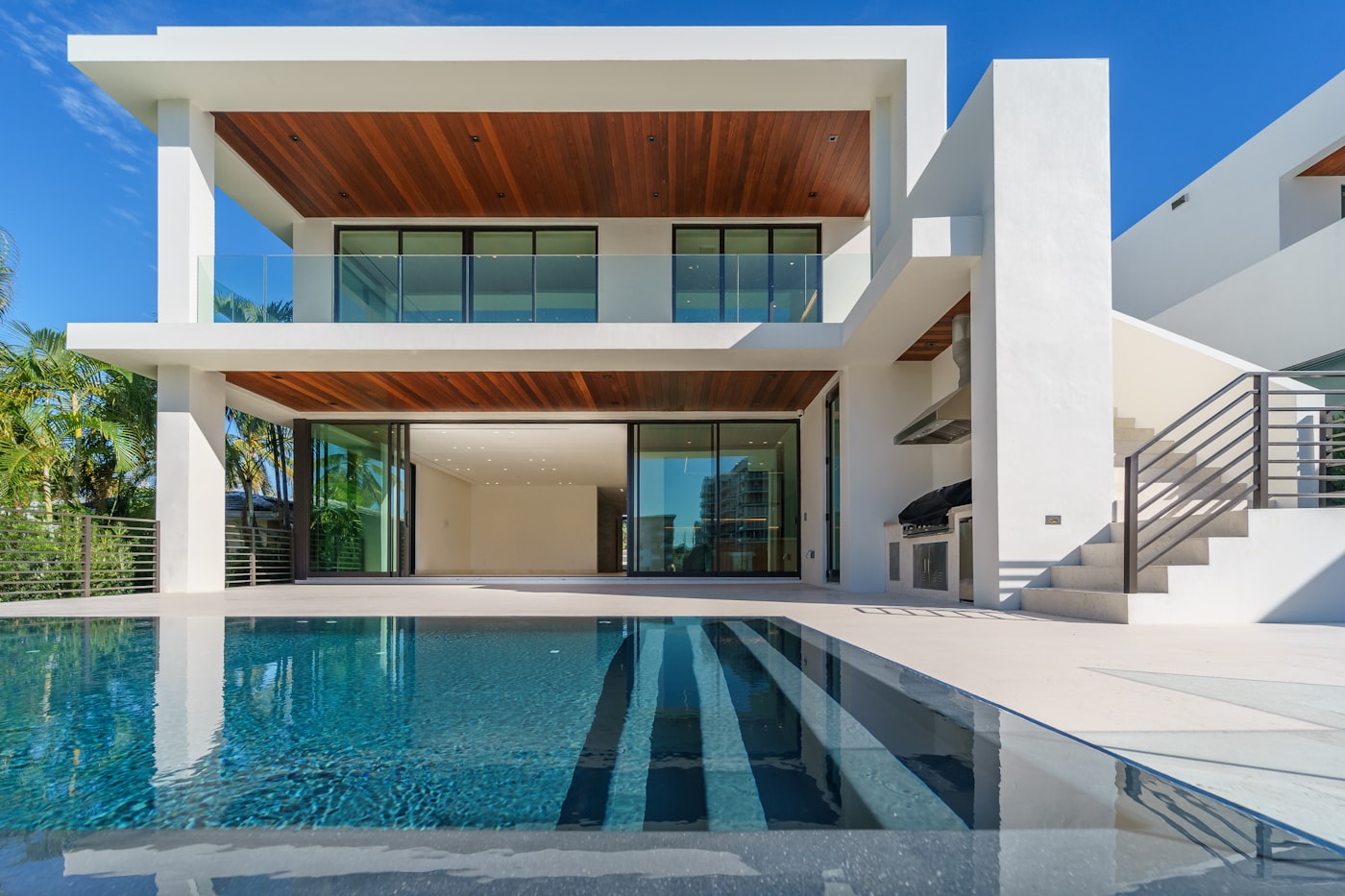 Modern home exterior at dusk