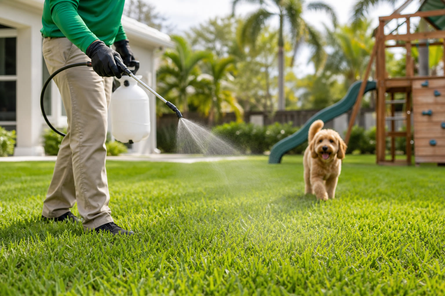 Technician deodorizing and sanitizing a clean pet yard with a dog nearby