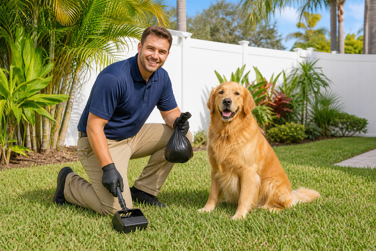 Technician performing weekly pet waste cleanup in a Florida backyard with a dog