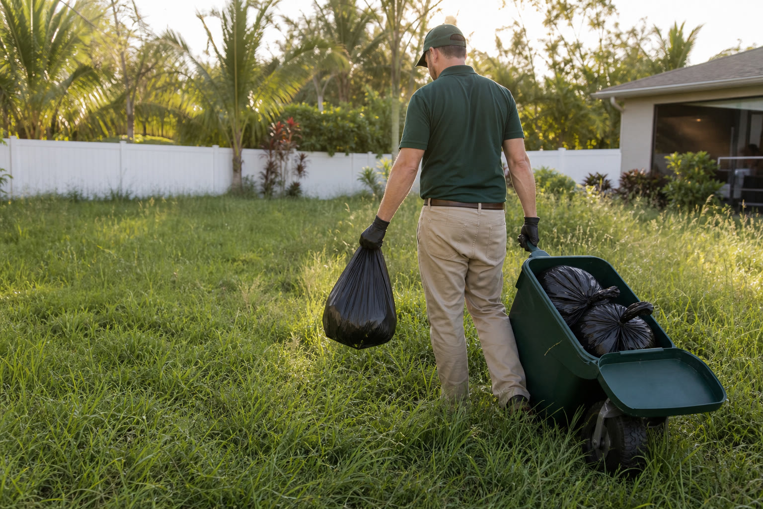 Technician performing a larger one-time pet waste yard rescue cleanup